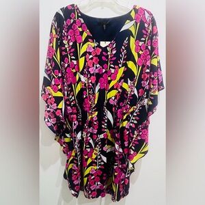 Trina Turk Navy Blue Floral Blouse with Pink and Yellow Accents